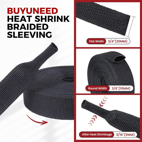 BuyUneed 2:1 (3/8" 30ft) Heat Shrink Fabric Tubing Braided Sleeving - Abrasion Protection Flexibility Wiring Harness