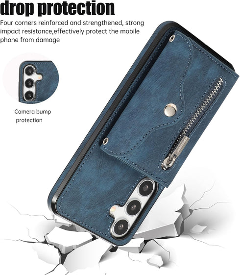 Phone Case for Samsung Galaxy S24 5G - Wallet Cover with Tempered Glass Screen Protector, Blue