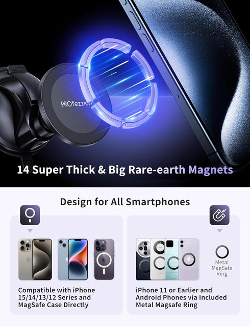 PROfezzion Multi-Surface Suction Mount for MagSafe iPhone 15 14 13 12 & All Phones, Detachable Hands-Free Phone Holder