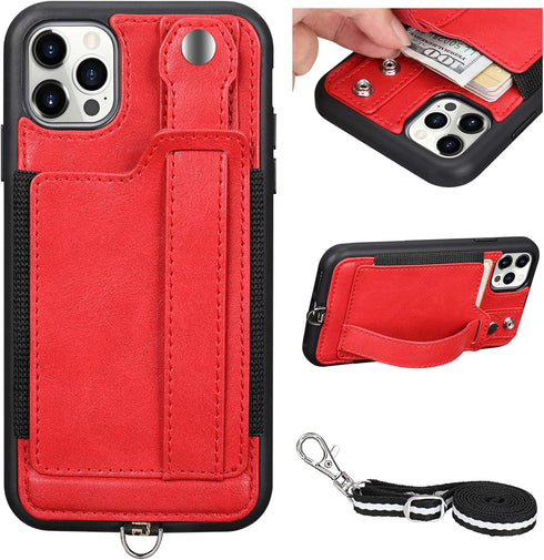 TOOVREN iPhone 12 Pro Max Case for Women and Girls, Card Holder Kickstand Adjustable Lanyard Neck Strap, Red