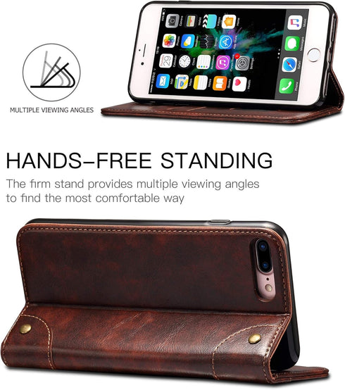 SINIANL iPhone 8 Plus / 7 Plus Leather Wallet Folio Case, Magnetic Closure, Flip Cover, Brown