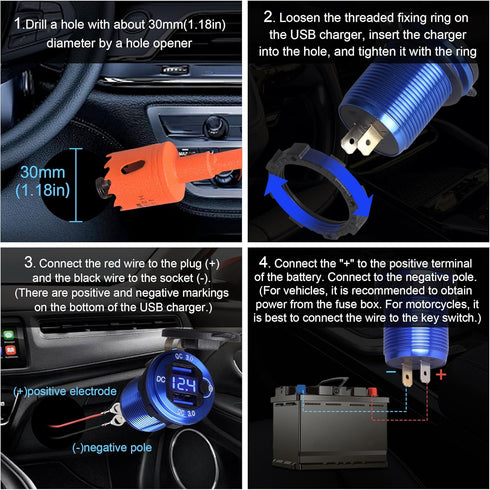12V-24V USB Charger, Dual Port QC 3.0 Fast Charging, Waterproof & Dustproof for Vehicles and Boats