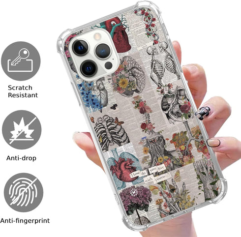 Aesthetic Biology Newspaper Skull Skelton Case Compatible with iPhone 15 Pro, Anatomy Collage Artsy Case for iPhone 15 Pro, Cool Cute TPU Bumper Phone Case Cover