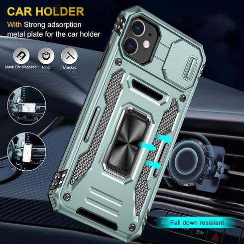 iPhone 11 Case by SunStory (Z_Green) - Military-Grade, HD Screen Protector, Slide Camera Cover & Kickstand.