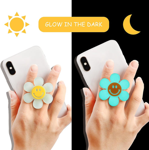 Cheerful Smiley Flower Phone Grip, Bright Expandable Collapsible, Comfortable Touch, Secure Grip, White