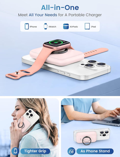 RORRY Portable Charger for Magsafe - 5000mAh Wireless Power Bank for iPhone & iWatch, Simultaneously Fast Charging