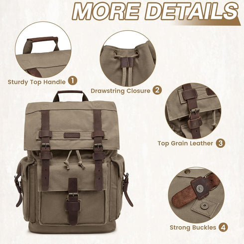 Kattee Men’s Large Leather Canvas Backpack, Army Green Travel Rucksack