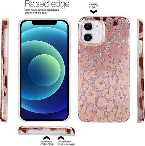 J.west Case for iPhone 12/12 Pro 6.1-inch, Luxury Bling Glitter Leopard Print Design, Soft Metallic TPU Cover for Women