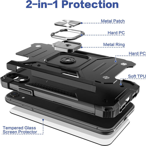 iPhone XR Case with Screen Protector, Shock Absorption Heavy Duty Cover with Kickstand, Black