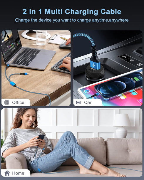 Multiple Charger Cable 2 in 1, iPhone and Android USB Charging Cable, 4ft Nylon Braided Multi Charging Cable with