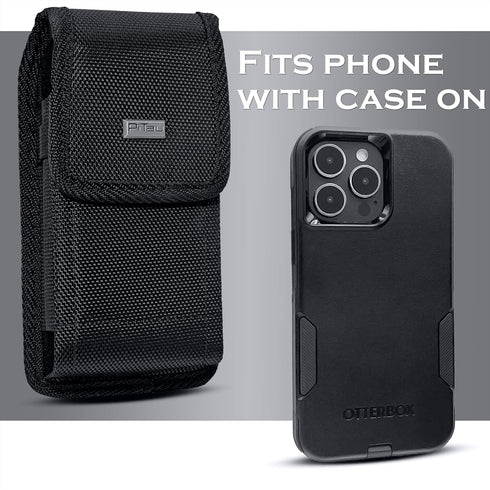 PiTau Holster for iPhone 15, 15 Pro, 14, 14 Pro, 13, 13 Pro, 12, 12 Pro, 11, XR, Black Nylon Cell Phone Belt Holder Case with Clip Carrying Pouch Cover (Fits iPhone 15 14 13 12 with Case on) Small