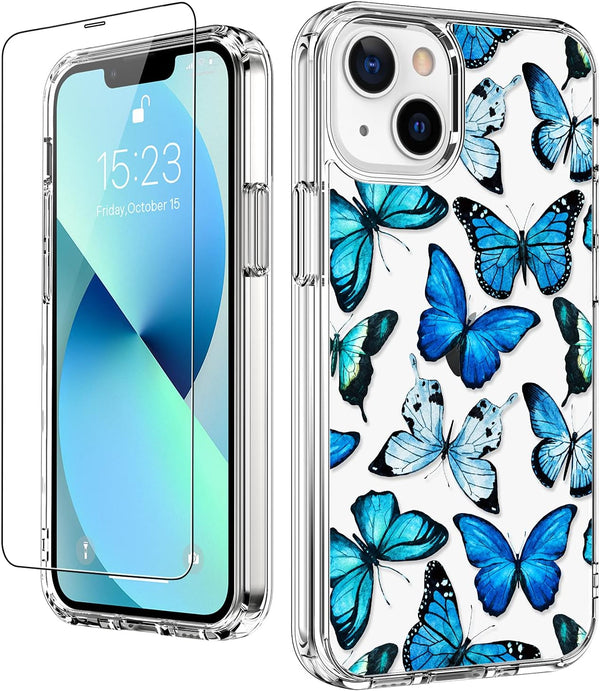 LUHOURI Case for iPhone 13 Mini - Crystal Acrylic Clear with Screen Protector, Slim Fit Floral Blue Butterflies
