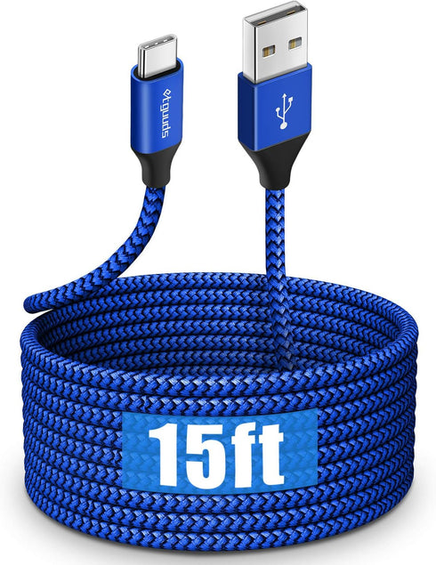 etguuds USB C Cable 15ft - Extra Long Type C Fast Charge USB-A to USB-C Charger Cable, Premium Nylon Braided, Blue