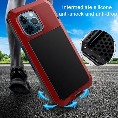 Marrkey iPhone 13 Pro Max Case, 360 Full Body Protective Heavy Duty Shockproof Tough Armour Aluminum Case - Red