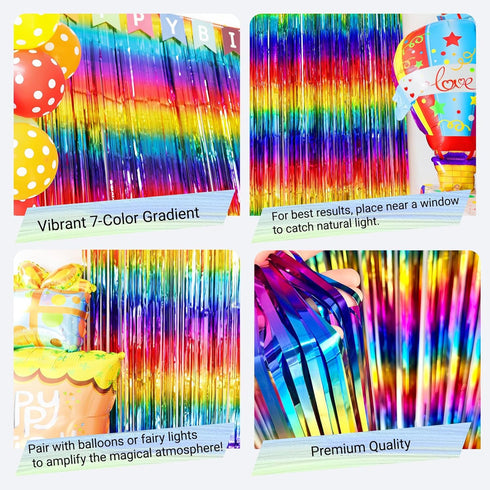 Sparkly Rainbow Foil Fringe Curtain, Metallic Streamers Tinsel Party Backdrop Decorations - 2 Packs