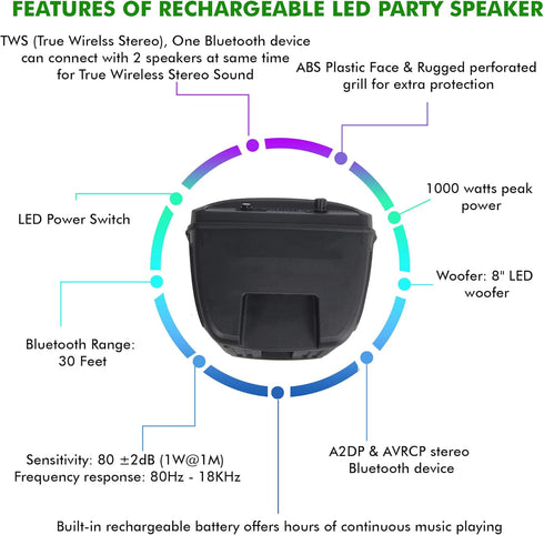 Technical Pro 8 Inch Bluetooth Speaker, 800 Watts with Woofer & Tweeter, Festival PA LED, True Wireless Stereo, 30 Feet