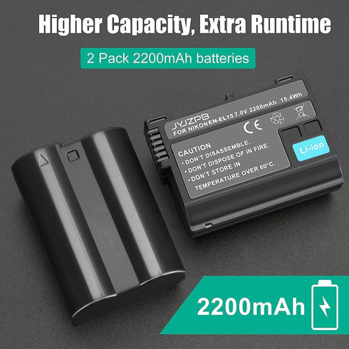JYJZPB 2 Pack EN-EL15B EN-EL15C Batteries - Charger Case for Nikon D7500, D750, Z6, Z7, D850 Cameras