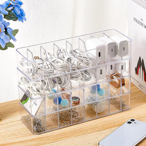 Tatuo 4 Pcs Plastic Cord Storage Organizer Box, Electronics Cable Charger Organizer with Removable Dividers (Clear)
