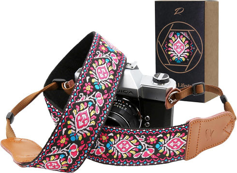 Padwa Lifestyle Pink Vintage Embroidered Camera Strap, 2" Wide Cowhide Head, Adjustable for All DSLR Cameras