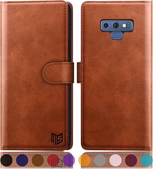 SUANPOT Galaxy Note 9 Leather Flip Folio RFID Wallet Case, Credit Card Holder for Men & Women, Light Brown