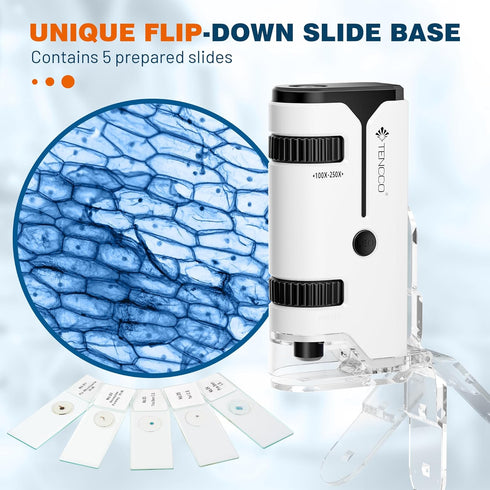 100x-250x Mini Pocket Microscope for Kids Adults, Portable Handheld Microscope with 5 Slides, Phone Adapter