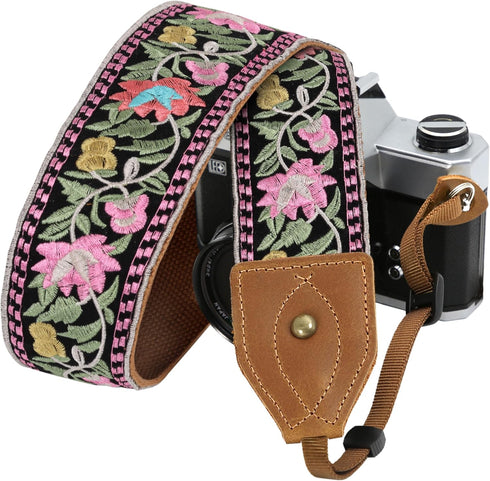 Padwa Lifestyle Embroidered Flower Camera Strap - 2" Wide Vintage Cowhide Strap for DSLR/SLR Cameras