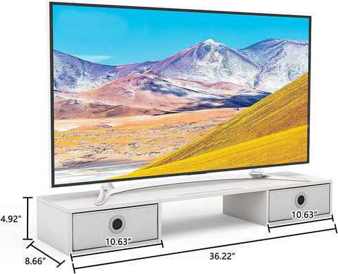 Dual Monitor Stand with 2 Drawers, Large Desktop Organizer for 2 Monitors, PC/Laptop/TV/Printer Storage, White & Pink