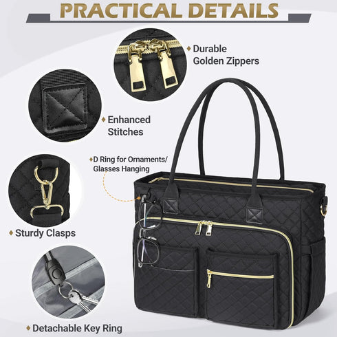 RAINSMORE 15.6 inch Teacher Tote Bag for Women, Laptop Work Bag with Insulated Pocket, Black