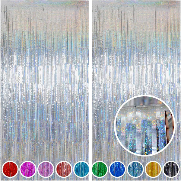 Melsan Silver Tinsel Foil Curtain, 2 Pack, 3.2 ft x 8.2 ft, Sparkle Metallic Backdrop for Party Decorations