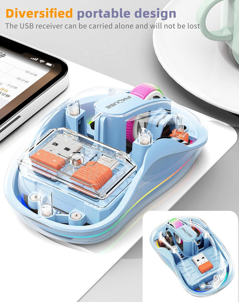 Unique Transparent Bluetooth Mouse with USB & Type-C Receivers, Small Portable Wireless Rechargeable Mice for MacBook,