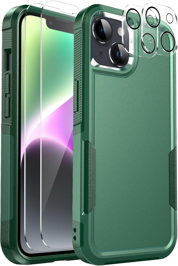 Ezanmull iPhone 14 Case - Dark Green, Full-Body, Shockproof & Dropproof + 2 Tempered Glass & Camera Lens Protectors.