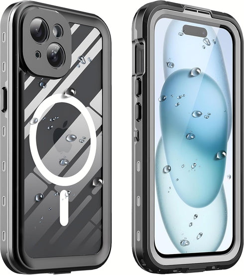 Ezanmull iPhone 15 Waterproof Case, Magnetic with Screen Protector, IP68 Underwater, 15FT Military Dropproof Black