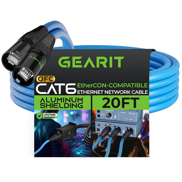 GearIT CAT6 Ethernet Cable, 20 Feet, EtherCON-Compatible RJ45 Connectors, Aluminum Shielded, Oxygen Free Copper