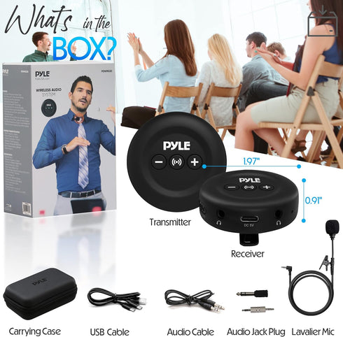 PyleUsa Wireless Low-Latency Transmitter/Receiver Set for Presentations, Projectors, TV, Soundbar, Includes Lavalier Mic