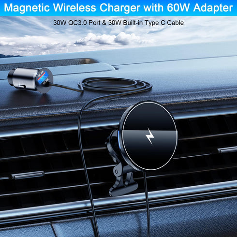 Magnetic Wireless Car Charger Mount,Compatible with MagSafe Car Charger,15W Fast Charging Air Vent Car Phone Holder for iPhone 15 14 13 Pro Max Plus Mini MagSafe,Car Accessories(with 60W Car Adapter)