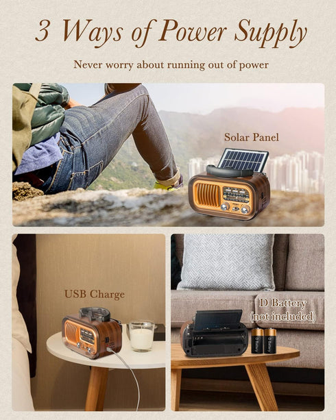 PRUNUS J-150 Bluetooth Retro Vintage Radio, Portable AM FM Transistor Radio, Solar/Battery Operated, TWS