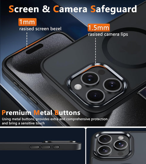 FNTCASE iPhone 15 Pro Max Case: Slim Shockproof Black Cover with Strong Magnetic, Screen & Camera Protectors,