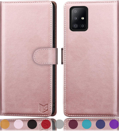 SUANPOT Leather Wallet Case for Samsung Galaxy A71 5G - RFID Credit Card Holder Flip Folio Cover - Shockproof Rose Gold