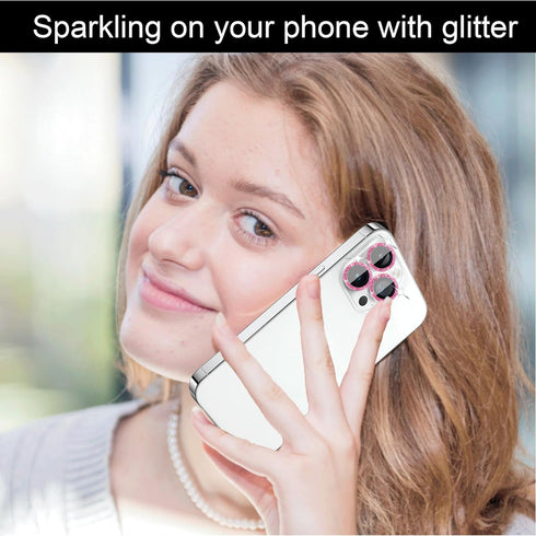 iPhone 14 Pro & Pro Max Camera Lens Protector - 3+1 Glitter Bling, Tempered Glass, Metal Ring, Case Friendly (Pink)