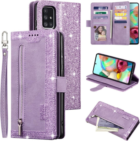 EYZUTAK Purple Wallet Phone Case for Samsung Galaxy A51(4G), Retro Matte with 9 Card Holder Slots, Zipper Pocket, PU