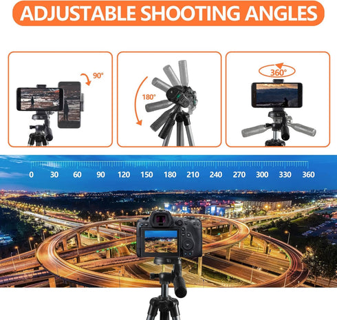 Camera Mount Phone Tripod Stand: 51-Inch Lightweight Travel Tripod for iPhone with Remote, Phone Holder & GoPro