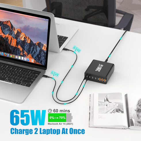 280W USB C Charger Block, 8-Port Charging Station, GaN III PD 65W Laptop Charger for MacBook Pro/Air, DELL