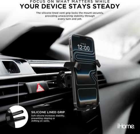 iHome Setup, Metallic Gravity Air Vent Phone Mount, Wide Compatibility, Effortless Secure Grip