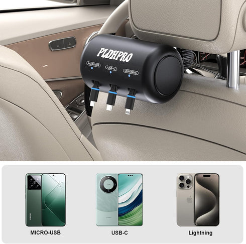 Retractable Car Backseat 3 in 1 Multi Charging Station Box with USB Type C Cables for iPhone, Samsung, Android