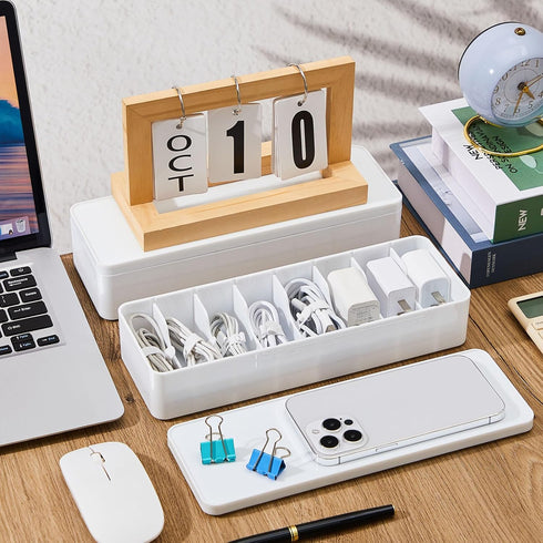 Tatuo 2 Pcs Cable Organizer Box with Wire Ties, Plastic Cord Storage Box with Lid for Home Office Accessories