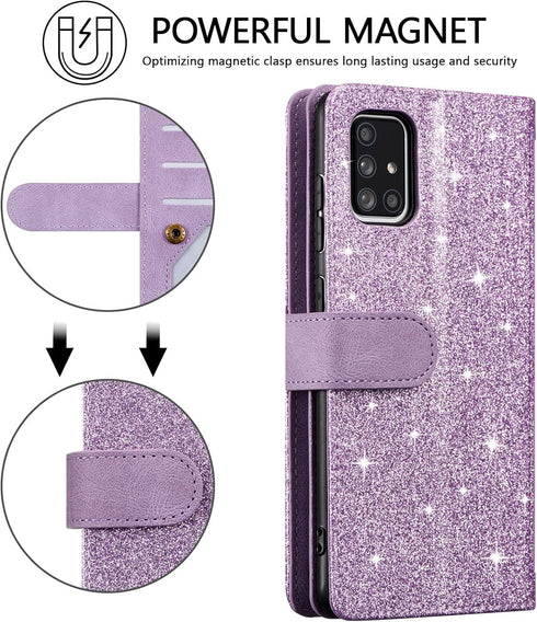 EYZUTAK Purple Wallet Phone Case for Samsung Galaxy A51(4G), Retro Matte with 9 Card Holder Slots, Zipper Pocket, PU