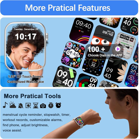 Smart Watches for Women Men, 1.85" HD Screen, Fitness Tracker, Heart Rate, Blood Oxygen Monitor, Compatible with iPhone