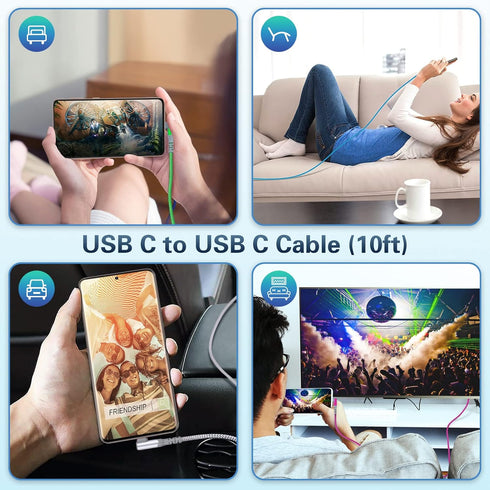 USB C to USB C Cable 10ft - 5-Pack, Right-Angle 60W/3A Fast Charger for Samsung S22 Ultra, Google Pixel 6, iPad Pro,