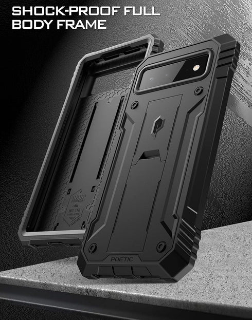 Poetic Revolution Case for Pixel 6 5G: Rugged Shockproof Cover with Kickstand & Built-in Screen Protector, Black.