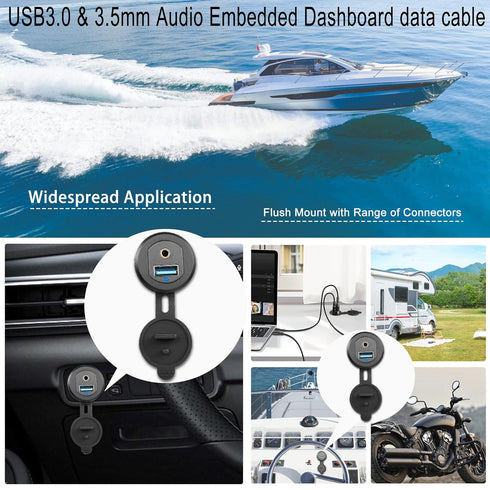 QIANRENON USB3.0 & 3.5mm Audio Threaded Fixed Embedded Car Waterproof Cable, 5Gbps TRS 3.5mm & USB3.0 Dashboard Panel